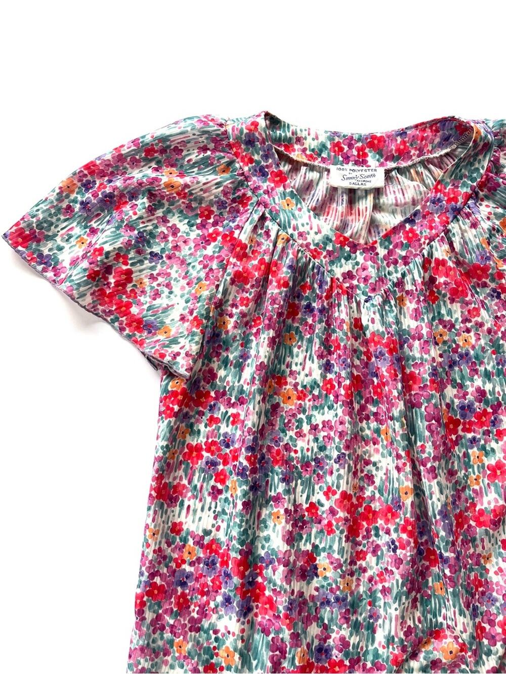 Vintage Floral Shirt Medium V-Neck Peasant Top Bright Sheer Ribbed 70s Blouse